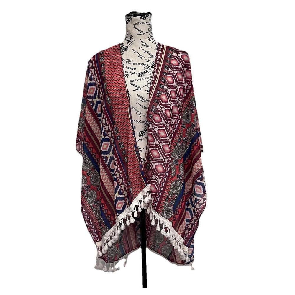 Boho Aztec Tribal Print Kimono Tassel Fringe Sheer Duster Festival Bohemian O/S - Picture 2 of 8